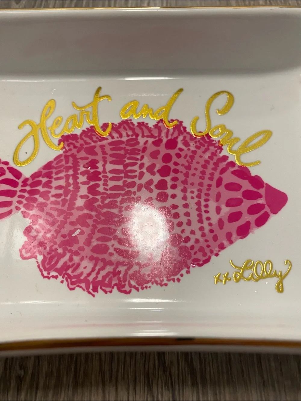 Lilly Pulitzer Heart and Soul Porcelain Trinket Jewelry Tray Pink Fish Gold Trim